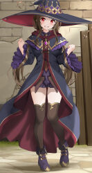 Rule 34 | 1girl, absurdres, aged up, alternate costume, black capelet, black dress, black hat, black thighhighs, blunt bangs, blunt ends, blush, boots, brown hair, capelet, clenched hands, colored eyelashes, commentary, commission, day, dress, female focus, frilled capelet, frilled sleeves, frills, full body, gem, gibun (sozoshu), grin, hands up, happy, hat, hat ornament, highres, komekko, kono subarashii sekai ni shukufuku wo!, long hair, long sleeves, looking at viewer, low twintails, outdoors, purple footwear, purple gemstone, red eyes, smile, solo, standing, star (symbol), star hat ornament, tachi-e, thighhighs, thighs, twintails, variant set, very long hair, w arms, wide sleeves, witch, witch hat