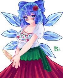 Rule 34 | 1girl, absurdres, cirno, highres, mexico, nanaii desu, puebla de los angeles, red skirt, simple background, skirt, solo, state of puebla, touhou, white background