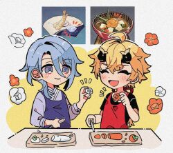 Rule 34 | 2boys, :d, ^ ^, ahoge, apron, black shirt, blonde hair, blue apron, blue hair, blush, bowl, carrot, closed eyes, closed mouth, commentary request, crossed bangs, cutting board, earrings, fake horns, flower, food, food art, genshin impact, hair between eyes, hand up, headband, holding, holding knife, horned headwear, horns, japanese clothes, jewelry, kamisato ayato, kimono, kitchen knife, knife, long hair, long sleeves, low ponytail, male focus, medium hair, miso soup, mole, mole under mouth, mugime (oretekisunshine), multiple boys, open mouth, parted bangs, photo inset, ponytail, purple eyes, purple kimono, radish, red apron, shirt, short sleeves, shrimp, shrimp tempura, sidelocks, simple background, smile, standing, stud earrings, swept bangs, t-shirt, table, tempura, thoma (genshin impact), two-tone background, white background, yellow background