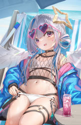Rule 34 | 1girl, :d, absurdres, amane kanata, beach, beach umbrella, bikini, bikini under clothes, black choker, blue hair, blue jacket, blue nails, blush, braid, choker, collarbone, crop top, crown braid, cup, day, drink, drinking glass, earrings, facepaint, feathered wings, grey hair, hair rings, halo, heart, highres, hololive, ice, ice cube, jacket, jewelry, juu p, long hair, long sleeves, looking at viewer, lying, multicolored hair, nail polish, navel, ocean, on back, open clothes, open jacket, open mouth, outdoors, pink hair, purple eyes, single hair intake, smile, solo, stomach, swimsuit, table, thigh strap, umbrella, virtual youtuber, water, white bikini, white wings, wings
