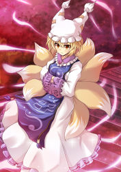 Rule 34 | 1girl, animal hat, blonde hair, cross (crossryou), dress, fox tail, frilled skirt, frills, gradient background, hands in opposite sleeves, hat, hat with ears, hitodama, light frown, light particles, long sleeves, looking at viewer, mob cap, multiple tails, ofuda, mob cap, red background, red eyes, short hair, skirt, solo, stairs, star (symbol), starry background, tabard, tail, tassel, touhou, white dress, wide sleeves, yakumo ran, yellow eyes