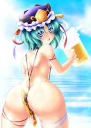 Rule 34 | 1girl, alcohol, ass, beer, beer mug, cloud, cup, green hair, hat, huge ass, looking at viewer, looking back, mug, ocean, open mouth, rod of remorse, shiki eiki, sky, slingshot swimsuit, solo, swimsuit, touhou, wontam