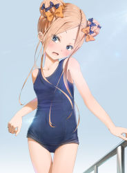 Rule 34 | 1girl, abigail williams (fate), blonde hair, blue eyes, competition school swimsuit, competition swimsuit, fate/grand order, fate (series), highres, one-piece swimsuit, sakazakinchan, school swimsuit, grey eyes, simple background, solo, swimsuit, thighs