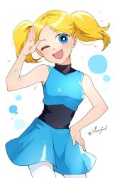 1girl aitommylove arm_up blonde_hair blue_dress blue_eyes blush breasts bubbles_(ppg) commentary dress english_commentary goutokuji_miyako hand_up highres medium_breasts one_eye_closed open_mouth powerpuff_girls powerpuff_girls_z rolling_bubbles solo twintails