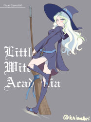 Rule 34 | 1girl, belt, blonde hair, blue ribbon, blush, boots, breasts, broom, character name, colored tips, copyright name, diana cavendish, dress, from side, full body, green hair, grey background, hat, hood, legs, little witch academia, looking at viewer, luna nova school uniform, multicolored hair, niwatori kokezou, purple dress, ribbon, school uniform, signature, simple background, solo, standing, standing on one leg, streaked hair, thighs, witch, witch hat