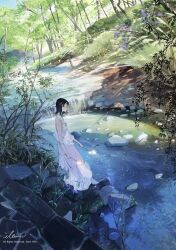 Rule 34 | 1girl, absurdres, bamboo, black hair, dress, forest, from side, grass, highres, illumi999, looking down, nature, original, outdoors, partially submerged, purple dress, signature, sleeveless, sleeveless dress, solo, stream, sunlight, tree, water