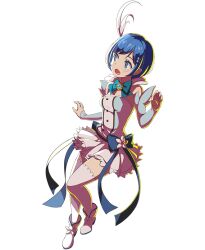 Rule 34 | 1girl, blue eyes, blue hair, detached sleeves, dress, full body, hair ornament, hairclip, magicami, non-web source, official art, open mouth, photoshop (medium), short dress, short hair, simple background, solo, thighhighs, tomonaga kaori, white background, white footwear, white thighhighs