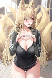 Rule 34 | 1girl, absurdres, animal ear fluff, animal ears, black jacket, black panties, blonde hair, blush, breasts, cleavage, collared jacket, commission, cowboy shot, embarrassed, facing viewer, fingernails, fox, fox ears, fox girl, fox tail, hair between eyes, highres, holding, huge breasts, jacket, lillly, lingerie, long hair, long sleeves, looking away, looking to the side, no pants, original, panties, pregnancy test, second-party source, solo, string panties, striped, sweatdrop, tail, thigh gap, thighs, track jacket, underwear, very long hair, zipper, zipper pull tab