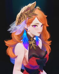 Rule 34 | 1girl, artofkuzu, bare shoulders, breasts, cleavage, dress, earrings, feather earrings, feathers, highres, hololive, hololive english, jewelry, long hair, looking at viewer, orange hair, pink eyes, red dress, see-through, see-through cleavage, see-through dress, smile, takanashi kiara, virtual youtuber