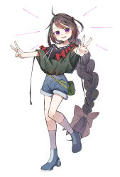 Rule 34 | 1girl, absurdres, ahoge, armpit peek, bag, black shirt, blue footwear, blue shorts, blush, boots, bow, bra, bra strap, braid, braided ponytail, brown bow, brown hair, collarbone, commentary, cube hair ornament, double w, drawstring, emphasis lines, full body, green bag, green bra, green shirt, grey socks, hair bow, hair ornament, hands up, head tilt, highres, kneehighs, long eyelashes, long hair, looking at viewer, one side up, open mouth, original, outstretched arms, oversized clothes, oversized shirt, parted bangs, pointy ears, purple eyes, raised eyebrows, red bow, shirt, shirt tucked in, short sleeves, shorts, sidelocks, simple background, single bare shoulder, single braid, single off shoulder, smile, socks, solo, standing, standing on one leg, teeth, three quarter view, tsuuburi, turning head, two-tone shirt, underwear, upper teeth only, very long hair, w, white background, wide sleeves