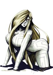 Rule 34 | 1girl, asherah, blonde hair, breasts, colored skin, dated, full body, gin&#039;oya, hair over one eye, large breasts, long hair, megami tensei, nude, pointy ears, shin megami tensei, shin megami tensei: strange journey, simple background, solo, very long hair, white background, white skin, yellow eyes