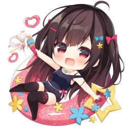 Rule 34 | 1girl, :d, ahoge, bare arms, bare shoulders, big head, black hair, black one-piece swimsuit, black thighhighs, blue bow, blue flower, blush, bow, breasts, chibi, commentary request, flower, food, hair bow, hair flower, hair ornament, hairclip, hanamiya natsuka, heart, holding, holding food, ice cream, ice cream cone, innertube, knees together feet apart, long hair, looking at viewer, medium breasts, no shoes, off shoulder, old school swimsuit, one-piece swimsuit, open mouth, original, red bow, red eyes, school swimsuit, smile, soft serve, solo, star (symbol), swim ring, swimsuit, thighhighs, two side up, very long hair, yellow flower