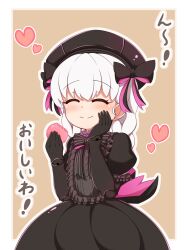 Rule 34 | 1girl, :t, ^ ^, beret, black bow, black dress, black gloves, black hat, blush, bow, braid, brown background, closed eyes, closed mouth, commentary request, doll joints, dress, eating, elbow gloves, facing viewer, fate/extra, fate (series), food, frilled sleeves, frills, gloves, gothic lolita, hair between eyes, hair bow, hat, heart, highres, holding, holding food, joints, lolita fashion, long hair, low twintails, macaron, nursery rhyme (fate), outline, pleated dress, puffy short sleeves, puffy sleeves, short sleeves, solo, translation request, twin braids, twintails, two-tone background, wavy mouth, white background, white hair, white outline, yuya090602