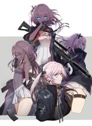Rule 34 | 1girl, absurdres, ar-15, ass, asymmetrical legwear, bare shoulders, black jacket, black thighhighs, blood, blood on face, blue eyes, blush, breasts, closed eyes, closed mouth, collarbone, commentary, cropped legs, dress, girls&#039; frontline, gloves, grey background, gun, hair between eyes, hair ornament, highres, jacket, long hair, long sleeves, magazine (object), magazine (weapon), md5 mismatch, multiple views, name connection, object namesake, open clothes, open jacket, panties, pink hair, pleated dress, profile, purple gloves, resolution mismatch, ribbed dress, rifle, single thighhigh, sleeveless, sleeveless dress, small breasts, source smaller, st ar-15 (girls&#039; frontline), swav, thigh strap, thighhighs, twintails, two-tone background, underwear, uneven legwear, very long hair, weapon, weapon on back, white background, white dress, white panties