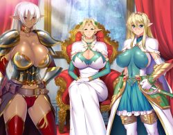 Rule 34 | 3girls, almia agraliel, armor, bikini armor, blonde hair, blush, breasts, breasts apart, cameltoe, cape, cleavage, closed mouth, covered erect nipples, crown, dark-skinned female, dark skin, dress, elf, ephildis agraliel, game cg, green eyes, groin, hands on own thighs, hands together, high ponytail, huge breasts, huracan, indoors, kyonyuu elf oyako saimin, legs, long hair, looking at viewer, lune (company), mother and daughter, multiple girls, narrus linhen, original, pointy ears, ponytail, red eyes, serious, sitting, smile, standing, sword, thighs, thong, throne, weapon