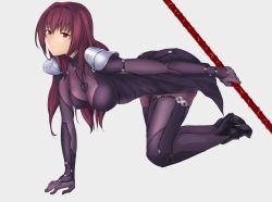 Rule 34 | armor, armored boots, ass, bodysuit, boots, breasts, covered erect nipples, fate/grand order, fate (series), gae bolg (fate), high heels, holding, holding weapon, long hair, looking at viewer, pauldrons, purple hair, red eyes, scathach (fate), shoulder armor, solo, terry (pixiv3274443), weapon