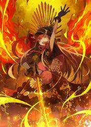 Rule 34 | 1girl, :d, arm up, black capelet, black gloves, black hat, black skirt, brown eyes, brown hair, brown pantyhose, capelet, chacha (fate), commentary request, fate/grand order, fate (series), fire, flag, flaming sword, flaming weapon, fur-trimmed gloves, fur-trimmed skirt, fur trim, gloves, glowing, glowing sword, glowing weapon, hand on own hip, hat, long hair, looking at viewer, open mouth, pantyhose, peaked cap, sanshouuo, skirt, smile, solo, standing, v-shaped eyebrows, very long hair, weapon
