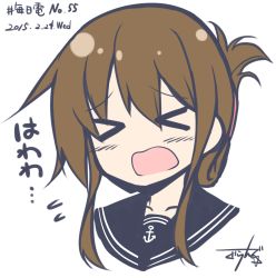 Rule 34 | &gt; &lt;, anchor, blue sailor collar, brown hair, d:, dated, closed eyes, facing viewer, gurande (g-size), inazuma (kancolle), kantai collection, open mouth, pale color, portrait, sailor collar, signature, simple background, solo, upper body, white background