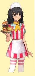 Rule 34 | 1girl, alternate costume, andou (girls und panzer), black hair, blush, burger, commentary, food, food in mouth, french fries, girls und panzer, grey eyes, holding, holding tray, messy hair, neckerchief, shirt, simple background, skirt, striped clothes, striped shirt, striped skirt, tan (inka), thighhighs, tray, waitress, zettai ryouiki