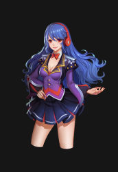 Rule 34 | 1girl, :d, absurdres, black background, blue hair, blue skirt, bow, bowtie, breasts, choker, cleavage, cropped legs, duximeng, floating hair, hair between eyes, hand on own hip, headband, headphones, highres, jacket, long hair, long sleeves, looking at viewer, medium breasts, miniskirt, nail polish, open mouth, original, pleated skirt, purple jacket, red bow, red bowtie, red eyes, red headband, red nails, simple background, skirt, smile, solo, standing, very long hair