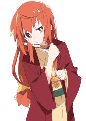 Rule 34 | 1girl, brown eyes, buratei marii, closed mouth, hand fan, holding, holding fan, ixy, japanese clothes, joshiraku, kimono, long hair, long sleeves, orange hair, simple background, solo, white background, wide sleeves