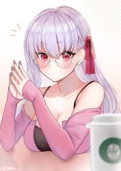 Rule 34 | 1girl, alternate costume, bare shoulders, blush, breasts, cleavage, closed mouth, collarbone, commentary request, commission, cup, detached sleeves, disposable cup, fate/grand order, fate (series), fingernails, fufufu hehehe, glasses, grey-framed eyewear, hair between eyes, hair ribbon, highres, kama (fate), large breasts, long hair, looking at viewer, own hands together, pink nails, pink shirt, pink sleeves, red eyes, red ribbon, ribbon, round eyewear, shirt, skeb commission, sleeveless, sleeveless shirt, solo, table, white hair