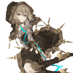 Rule 34 | 1boy, :&gt;, androgynous, aqua eyes, ass, blue ribbon, boots, brown footwear, choker, clothes lift, dress, dress lift, flat chest, gretel (sinoalice), happy turn2, high heels, hood, hooded jacket, jacket, knee boots, legs up, light brown hair, long sleeves, looking at viewer, male focus, midair, panties, panty peek, ribbon, short hair, simple background, sinoalice, smile, solo, trap, underwear, v arms, white background, white panties, wind, wind lift