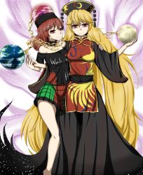 Rule 34 | 2girls, absurdly long hair, arm behind back, black dress, black shirt, blonde hair, blouse, chain, chinese clothes, clothes writing, collar, dress, earth (ornament), energy, epic armageddon, fox tail, gold chain, half-closed eyes, head tilt, hecatia lapislazuli, highres, junko (touhou), long hair, looking at viewer, moon (ornament), multiple girls, multiple tails, red eyes, red hair, shirt, sky, smile, star (sky), starry sky, tabard, tail, thighs, touhou, very long hair, white background