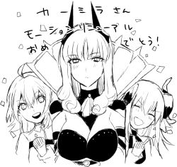 Rule 34 | 3girls, blush, breasts, carmilla (fate), cleavage, closed eyes, commentary request, confetti, congratulations, curled horns, derori, elizabeth bathory (fate), elizabeth bathory (fate/extra ccc), elizabeth bathory (first ascension) (fate), fang, fate/grand order, fate (series), fujimaru ritsuka (female), greyscale, highres, horns, long hair, looking at viewer, monochrome, multiple girls, open mouth, party popper, sketch, smile, translation request, upper body, white background
