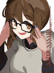 Rule 34 | 1girl, absurdres, adjusting eyewear, alternate costume, anniversary, bespectacled, blue nails, blush, breasts, brown eyes, brown hair, cevio, character name, commentary request, equation, glasses, grey shirt, hands up, highres, kagari-lunatic, large breasts, layered sleeves, long hair, long sleeves, looking at viewer, raised eyebrows, satou sasara, shirt, short over long sleeves, short sleeves, side ponytail, sideways glance, simple background, solo, striped clothes, striped shirt, white background