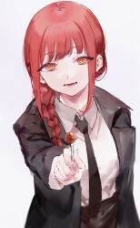 Rule 34 | 1girl, :d, absurdres, black coat, black necktie, braid, brown pants, candy, chainsaw man, coat, collared shirt, food, hair over shoulder, highres, holding, holding candy, holding food, holding lollipop, incoming food, leaning forward, lollipop, long sleeves, looking at viewer, makima (chainsaw man), mile (off8mile), necktie, open mouth, pants, red hair, ringed eyes, shirt, simple background, smile, solo, white background, white shirt, wing collar, yellow eyes