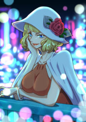 Rule 34 | 1girl, against railing, blonde hair, blue eyes, breast rest, breasts, cape, collarbone, commentary request, dress, flower, hat, hat flower, head rest, large breasts, lens flare, lipstick, makeup, musasabiop, one piece, orange dress, railing, red flower, red rose, rose, short hair, solo, stussy (one piece), upper body, white cape, white hat