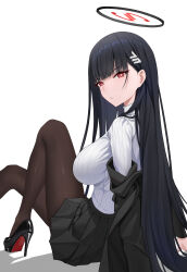Rule 34 | 1girl, absurdres, black footwear, black hair, black skirt, blue archive, breasts, bright pupils, brown pantyhose, hair ornament, hairpin, halo, high heels, highres, kurageumisawa, large breasts, long hair, long sleeves, looking at viewer, pantyhose, parted lips, patent heels, pleated skirt, pumps, red eyes, ribbed sweater, ringed eyes, rio (blue archive), shoes, simple background, skirt, solo, stiletto heels, sweater, white background, white pupils, white sweater