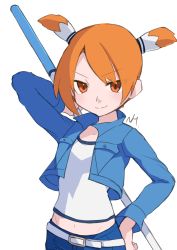 Rule 34 | 1girl, absurdres, belt, closed mouth, highres, jacket, looking at viewer, natsume (saru getchu), navel, orange eyes, orange hair, saru getchu, short hair, short twintails, simple background, smile, solo, supure647, twintails, white background