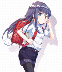 Rule 34 | 1girl, aged down, backpack, bag, black hair, black pantyhose, black shorts, blue eyes, blush, breasts, chauke, closed mouth, collared shirt, commentary request, dress shirt, drop shadow, hand up, holding strap, pantyhose under shorts, long hair, looking at viewer, magia record: mahou shoujo madoka magica gaiden, mahou shoujo madoka magica, nanami yachiyo, pantyhose, polka dot, polka dot background, randoseru, shirt, short shorts, short sleeves, shorts, small breasts, solo, standing, very long hair, white background, white shirt