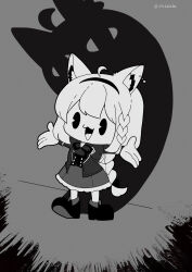Rule 34 | &lt;|&gt; &lt;|&gt;, 0725akaba, 1girl, :d, absurdres, ahoge, animal ear fluff, animal ears, chibi, fox ears, fox girl, fox tail, hairband, highres, hololive, jacket, open clothes, open jacket, open mouth, outstretched arms, shadow, shirakami fubuki, shoes, skirt, smile, solo, standing, style request, tail, twitter username, vest, virtual youtuber