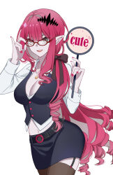 Rule 34 | 1girl, adjusting eyewear, baobhan sith (fate), black bow, black shirt, black skirt, bow, breasts, cleavage, dress shirt, english text, fate/grand order, fate (series), garter straps, glasses, grey eyes, hair bow, highres, holding, holding sign, jewelry, le memory, lipstick, long hair, looking at viewer, makeup, nail polish, navel, open mouth, pendant, pink hair, pink nails, pointy ears, red lips, shirt, sidelocks, sign, skirt, smile, solo, thighhighs, white background