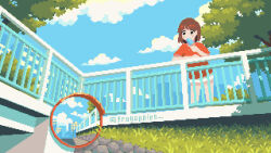 Rule 34 | 1girl, against railing, artist name, blue sky, brown eyes, brown hair, cloud, commentary, day, food, frogapples, grass, holding, holding food, holding popsicle, orange shirt, original, outdoors, pixel art, popsicle, railing, shirt, short hair, shorts, sky, solo, symbol-only commentary, traffic mirror, tree, white shorts, wide shot