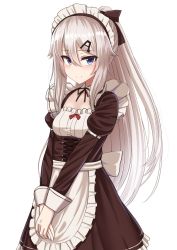 Rule 34 | 1girl, 9a-91 (girls&#039; frontline), alternate costume, apron, blue eyes, blush, breasts, dress, girls&#039; frontline, hair between eyes, hair ornament, hairclip, highres, long hair, looking at viewer, maid, maid headdress, medium breasts, own hands together, silver hair, smile, solo, very long hair, white background, yakob labo