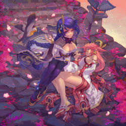 Rule 34 | 2girls, absurdres, ankle flower, ankle strap, bare legs, bird, black gloves, braid, breasts, bridal gauntlets, center opening, cherry blossoms, chinese commentary, cleavage, day, detached sleeves, eyelashes, floral print, from above, full body, genshin impact, geta, gloves, hair between eyes, hair ornament, headpiece, highres, holding hands, japanese clothes, kimono, large breasts, legs together, long hair, looking at viewer, low-braided long hair, low-tied long hair, lying, medium breasts, mitsudomoe (shape), multiple girls, obi, obiage, obijime, on side, outdoors, parted lips, petals, pink hair, purple eyes, purple hair, purple legwear, raiden shogun, rui (gsr1982), sandals, sash, short kimono, sideboob, signature, stairs, stone floor, sunlight, swept bangs, tassel, thighhighs, thighs, toes, tomoe (symbol), white kimono, wide sleeves, wind, yae miko