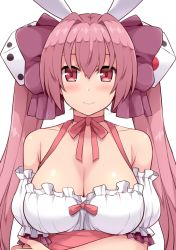 Rule 34 | 1girl, amane hasuhito, animal ears, bad id, bad pixiv id, bare shoulders, blush, bow, breasts, choker, cleavage, closed mouth, detached sleeves, di gi charat, dice, dice hair ornament, frills, hair between eyes, hair bow, hair ornament, hand on own arm, holding own arm, large breasts, long hair, looking at viewer, nail polish, pink hair, puffy sleeves, rabbit ears, red eyes, ribbon, ribbon choker, shiny skin, short sleeves, simple background, smile, solo, twintails, underbust, upper body, usada hikaru, white background, white nails