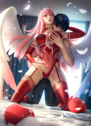Rule 34 | 1boy, 1girl, alternate costume, bed, blue horns, blush, grabbing another&#039;s breast, breasts, bridal gauntlets, choker, cleavage, closed eyes, clothing cutout, commentary, couple, curtains, darling in the franxx, english commentary, feathered wings, feathers, garter straps, gluteal fold, grabbing, grabbing from behind, hairband, half-closed eyes, heart, heart choker, heart cutout, hetero, hickey, highres, hiro (darling in the franxx), horns, indoors, jewelry, kiss, kneeling, leotard, lingerie, long hair, medium breasts, neck, necklace, one eye closed, open mouth, paid reward available, pillow, pink hair, red choker, red horns, red leotard, single wing, spread legs, strapless, strapless leotard, teddy (lingerie), thigh gap, thighhighs, underwear, white hairband, wince, wings, zarory, zero two (darling in the franxx)