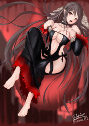 Rule 34 | 1girl, absurdres, bare shoulders, barefoot, black choker, blood, blood from mouth, blood on chest, blood trail, blush, breasts, brown hair, choker, cleavage, fangs, fate/grand order, fate (series), feet, full body, groin, highres, long hair, looking at viewer, medium breasts, multiple piercings, open mouth, red eyes, sato art, solo, thighs, very long hair, wide sleeves, yu mei-ren (fate)