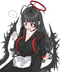 Rule 34 | 1girl, absurdres, animal, animal on lap, antenna hair, arin6006, black hair, black serafuku, black wings, blood, blood halo, blue archive, blunt bangs, blush, breasts, cat, cat on lap, choker, cleavage, halo, highres, large breasts, liquid halo, long hair, long skirt, melting halo, on lap, open mouth, pale skin, red eyes, school uniform, serafuku, sitting, skirt, solo, torn clothes, tsurugi (blue archive), very long hair, wavy mouth, white background, wings, zzz