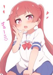 Rule 34 | 1girl, blue skirt, blunt bangs, blush, bow, bowtie, commentary request, fang, hand up, hatafuta, heart, long hair, looking at viewer, open mouth, pleated skirt, purple eyes, red bow, red bowtie, red hair, sailor collar, school uniform, shirt, short sleeves, simple background, sitting, skin fang, skirt, solo, tanemura koyori, translated, twintails, very long hair, watashi ni tenshi ga maiorita!, white background, white sailor collar, white shirt