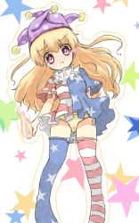 Rule 34 | 1girl, american flag dress, american flag legwear, blonde hair, blush, breasts, clothes pull, clownpiece, dress, full-face blush, hat, highres, jester cap, kinoeda, long hair, neck ruff, panties, pantyhose, pantyhose pull, pout, red eyes, short dress, short sleeves, small breasts, solo, torch, touhou, underwear, yellow panties