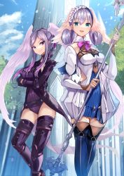 Rule 34 | 2girls, absurdres, blue eyes, braid, breasts, crown braid, dress, gloves, head wings, highres, medium breasts, melia antiqua, multiple girls, risumi (taka-fallcherryblossom), short dress, silver hair, staff, thighhighs, tyrea (xenoblade), wings, xenoblade chronicles: future connected, xenoblade chronicles (series), xenoblade chronicles 1