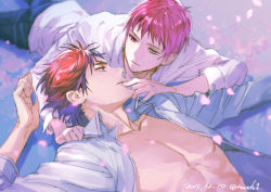 Rule 34 | 2015, 2boys, akashi seijuurou, cherry blossoms, dated, dress shirt, eye contact, eyebrows, face-to-face, finger to another&#039;s mouth, finger to mouth, heterochromia, kagami taiga, kuroko no basuke, looking at another, lying, male focus, multiple boys, open clothes, open shirt, pectorals, petals, red eyes, red hair, shirt, short hair, sleeves rolled up, toned, toned male, torisu, white shirt, yaoi, yellow eyes