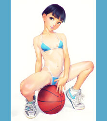 Rule 34 | 1girl, ball, basketball (object), bikini, black hair, blunt bangs, breasts, brown eyes, fumichika mori, highres, navel, original, shoes, short hair, simple background, sitting on ball, small breasts, sneakers, squatting, swimsuit, white background