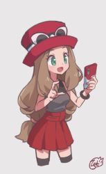 Rule 34 | 1girl, :d, brown hair, commentary request, creatures (company), eyelashes, game freak, green eyes, grey background, hair tie, hat, hiisu (s-1104-d), holding, long hair, nintendo, open mouth, pleated skirt, pokemon, pokemon xy, red hat, red skirt, serena (pokemon), shirt, signature, simple background, skirt, sleeveless, sleeveless shirt, smile, solo, sunglasses, thighhighs, tongue, white-framed eyewear